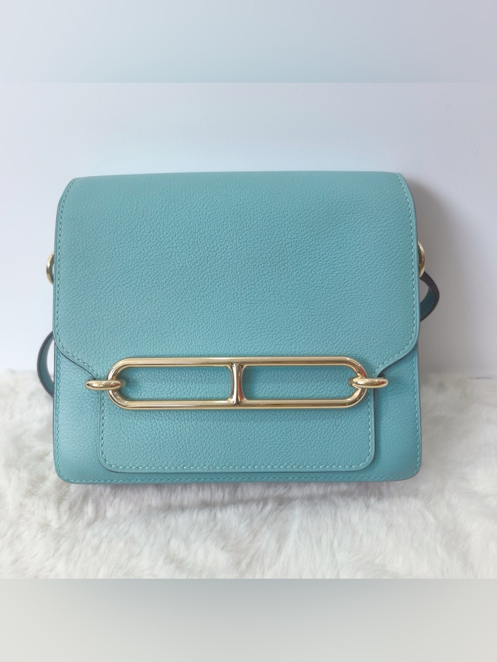Hermes Mini Roulis Turquoise Leather Crossbody Bag with Gold Hardware